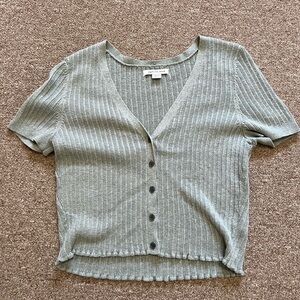 American Eagle Outfitters Green Ribbed Crop Button Down Shirt